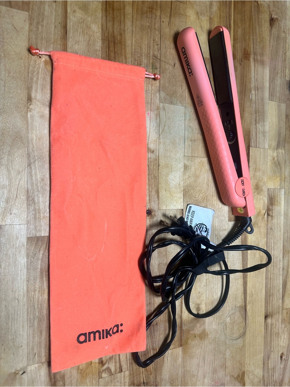 amika Coral Pink Mini Flat Iron with Matching Pouch